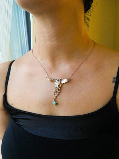 Turquoise Stone Phoenix Rose Gold Firebird Pendant, Custom Desing Gemstone Phoenix, Turquoise Phoenix Emerald Eye - Tracesilver