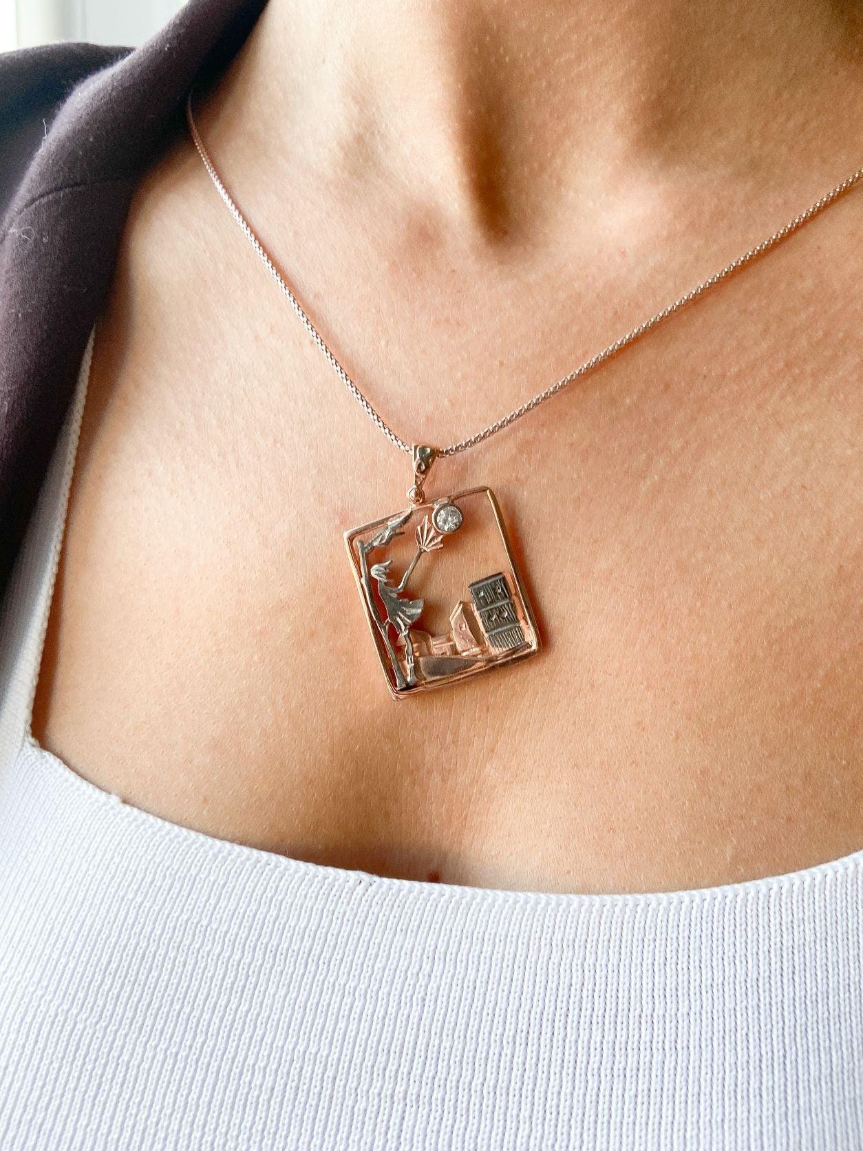 Windy Weather Rose Gold 3-D Necklace, Girl and Stormy City Holding Umbrella Theme Pendant For Her, Gift For Her Jewelry - Tracesilver