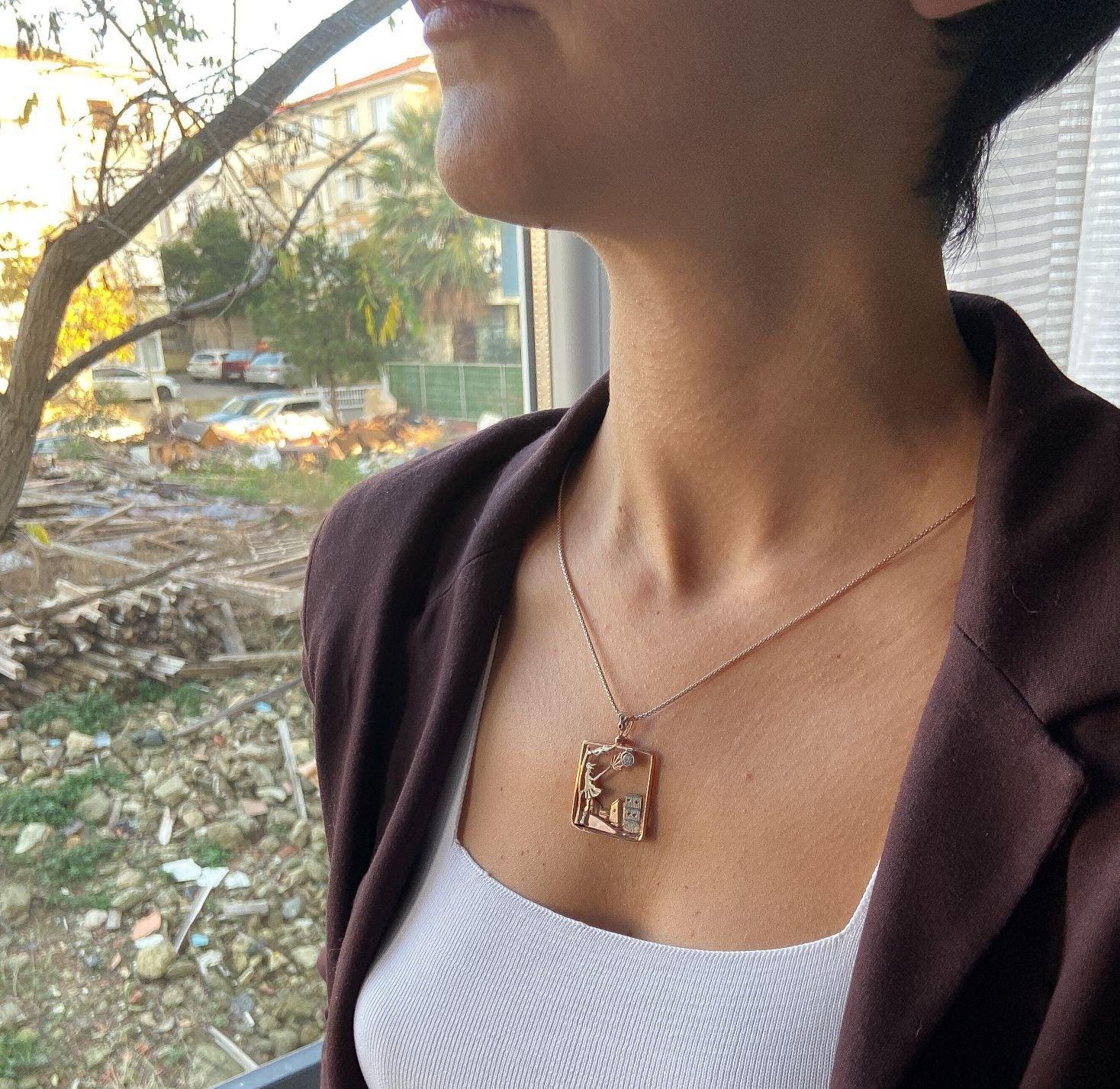 Windy Weather Rose Gold 3-D Necklace, Girl and Stormy City Holding Umbrella Theme Pendant For Her, Gift For Her Jewelry - Tracesilver