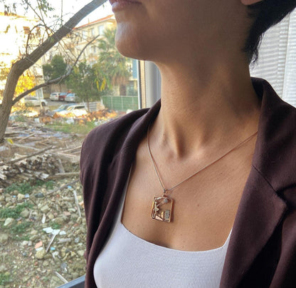 Windy Weather Rose Gold 3-D Necklace, Girl and Stormy City Holding Umbrella Theme Pendant For Her, Gift For Her Jewelry - Tracesilver