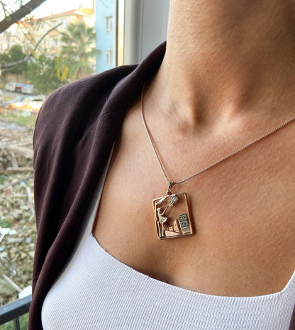 Windy Weather Rose Gold 3-D Necklace, Girl and Stormy City Holding Umbrella Theme Pendant For Her, Gift For Her Jewelry - Tracesilver